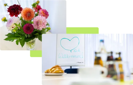 Blumenstrauß, Brezeln und Getränke