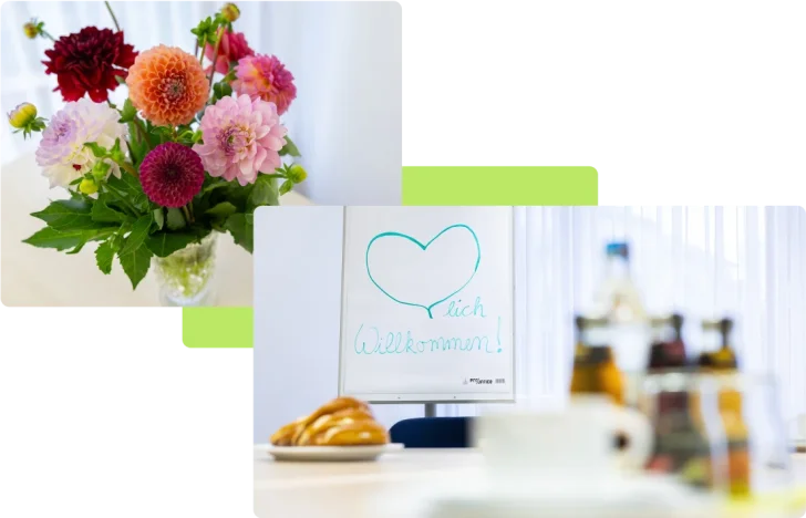 Blumenstrauß, Brezeln und Getränke